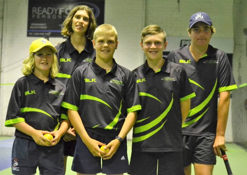 At the crease: South West indoor cricketers Cody Ryan (12), Rory Given (16), Luke Hutchinson (14), Riley Stenhouse (12), and Jaxon Cornford (15). Photo: Thomas Munday.   