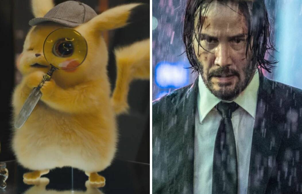 At the movies: Ryan Reynolds voices the titular character in Pokemon: Detective Pikachu, while Keanu Reeves returns to the big screen in John Wick: Chapter 3 - Parabellum. Photos: Supplied. 