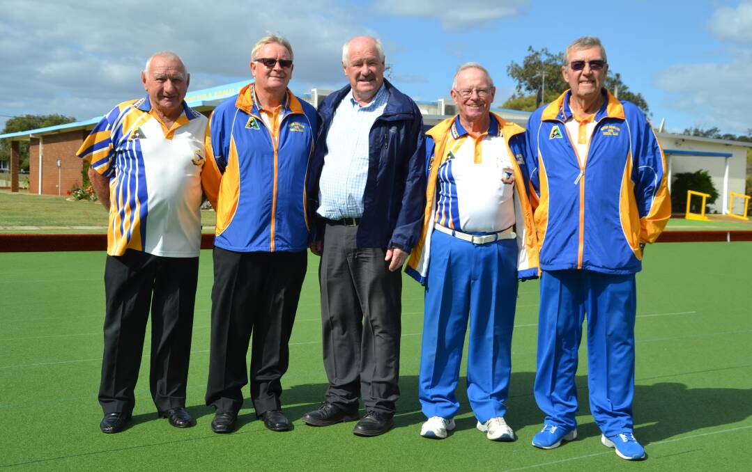 On the green: Paddy Papalia, Les Brook, Mick Murray, Ed Ritchie and Jeff Honeybone have celebrated the $2 million boost for Eaton Bowling Club. Photo: Thomas Munday. 