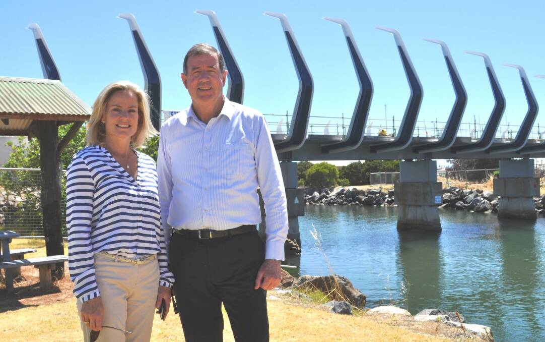 Seeing Bunbury's sights: City of Bunbury Mayor Gary Brennan and South West Development Commission acting chief executive officer Rebecca Ball checking out the new footbridge. Photo: Thomas Munday. 