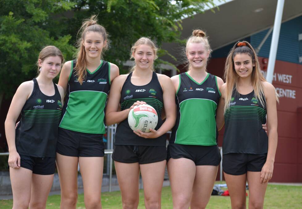 Giving it a shot: South West netballers Chloe Wilsher, Giselle Taylor, Brooke Repacholi, Riley Culnane, and Charlie Allen. Photo: Thomas Munday. 