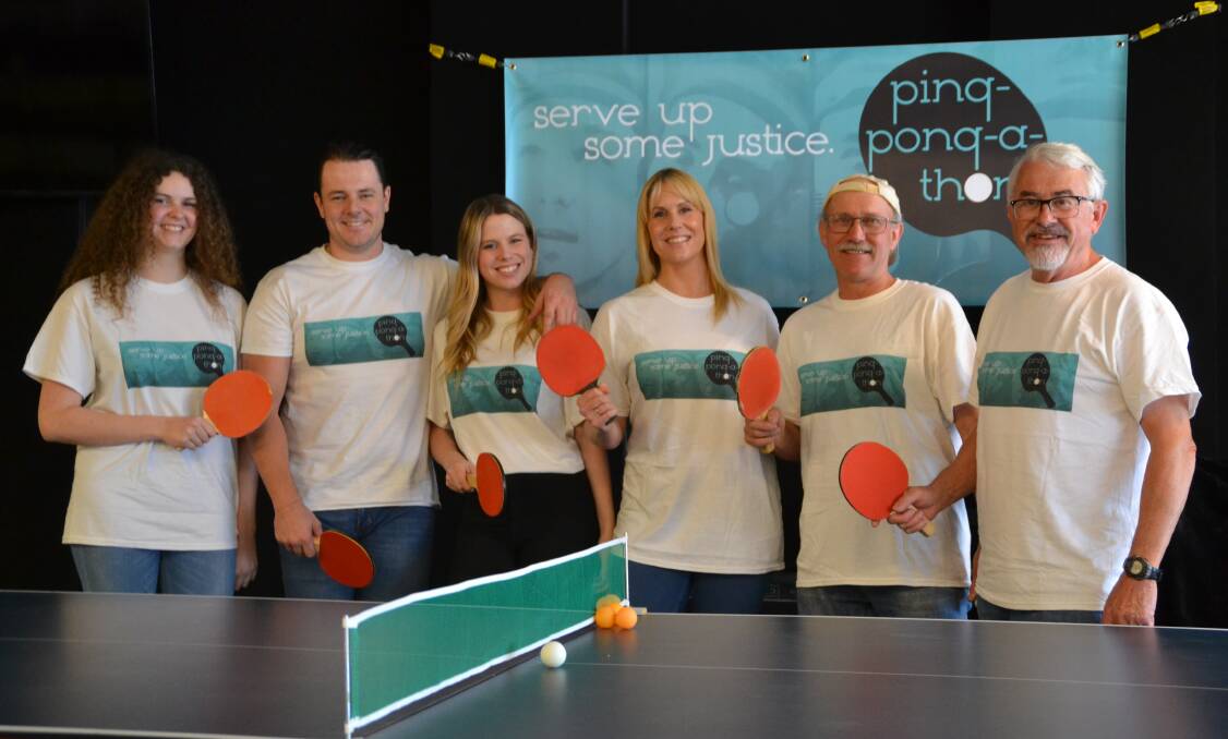 Giving it a go: Amy Hadlow, James Charleson, Charlotte Hadlow, Rachel Hadlow, Tim Wheeldon, and Trevor Wolfe are all preparing for Ping Pong-A-Thon 2019. Photo: Thomas Munday. 