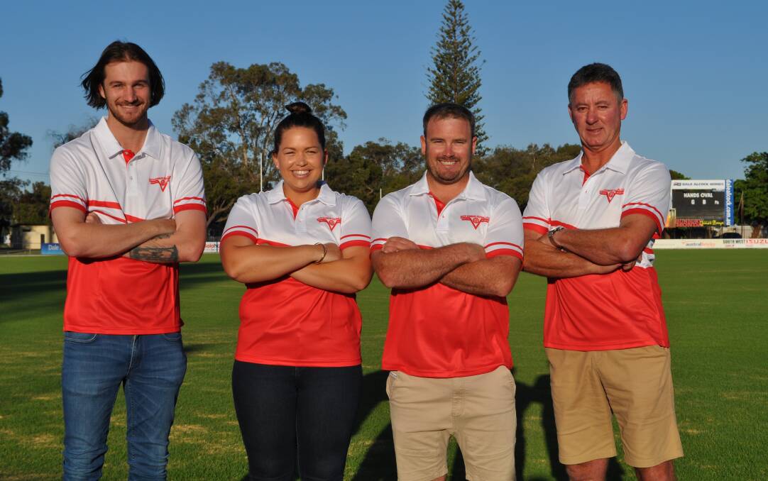 Fit and ready: South Bunbury coaches Jack Wilson (Colts), Teagan Smith (Women), Kane Westbrook (Reserves) and David Obal (League).