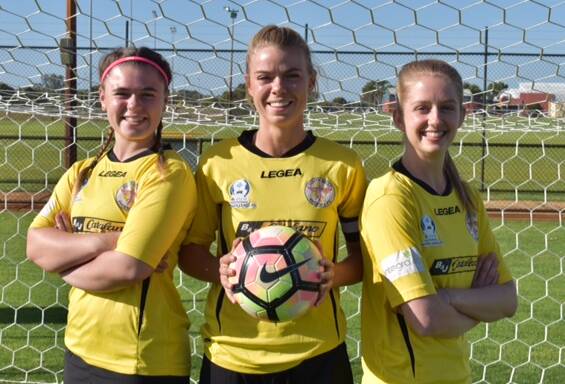 On the pitch: South West Phoenix Firebirds Golden Boot 2018 winner Eleanor Coventry, captain Lucy Scott and new signing Shauna Wetherell. Photo: Supplied. 