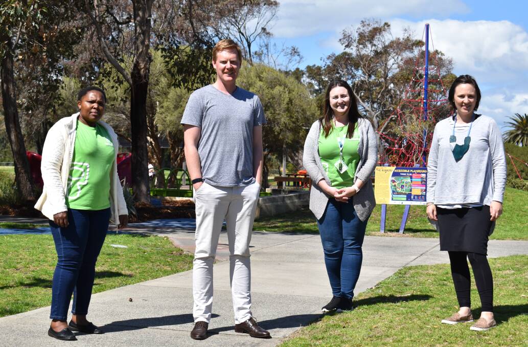 On the mind: headspace social work student Phyllis Njagi, Accordwest reconnect coordinator Daniel Mason, headspace community development officer Madison Harper, and St John of God Social Outreach suicide prevention officer Kendra Grace. Photo: Thomas Munday. 