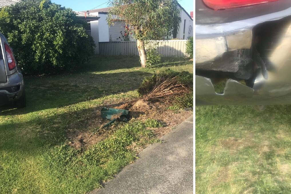 Picking up the pieces: A tree, a letter box, and a car were damaged by hoons travelling along Strickland Street on Sunday, December 2. Photos: Supplied. 
