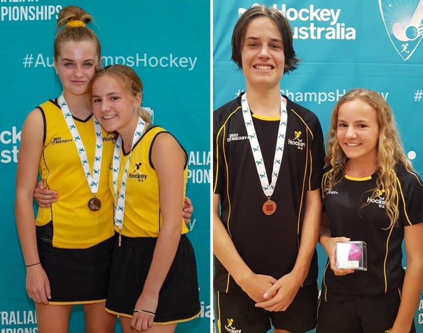 Medal winners: Megan Roberts, Ella du Preez, and Jordan Smithall recently returned from the 2019 Australian Indoor Hockey Festival in Goulburn, New South Wales. Photos: Supplied.  