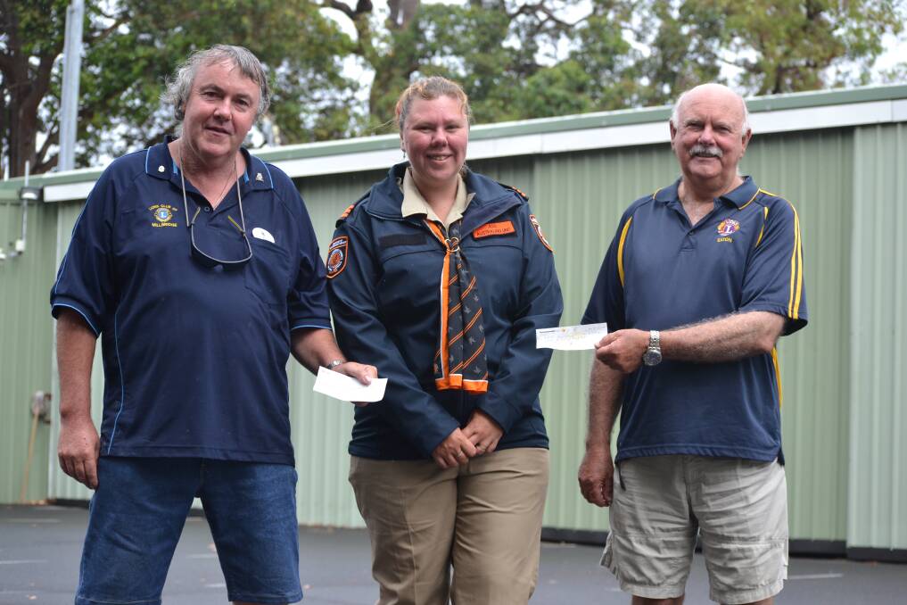 Helping out: Lions Club of Millbridge president John McGinnis, Australind SES manager Jess Williams, and Eaton Lions Club president Paul Sanderson. Photo: Thomas Munday. 