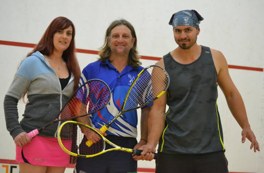 Having a go: Bunbury Squash Club players Jessica Meek, Brad Grinter, and Chris Jones. Photo: Thomas Munday. 