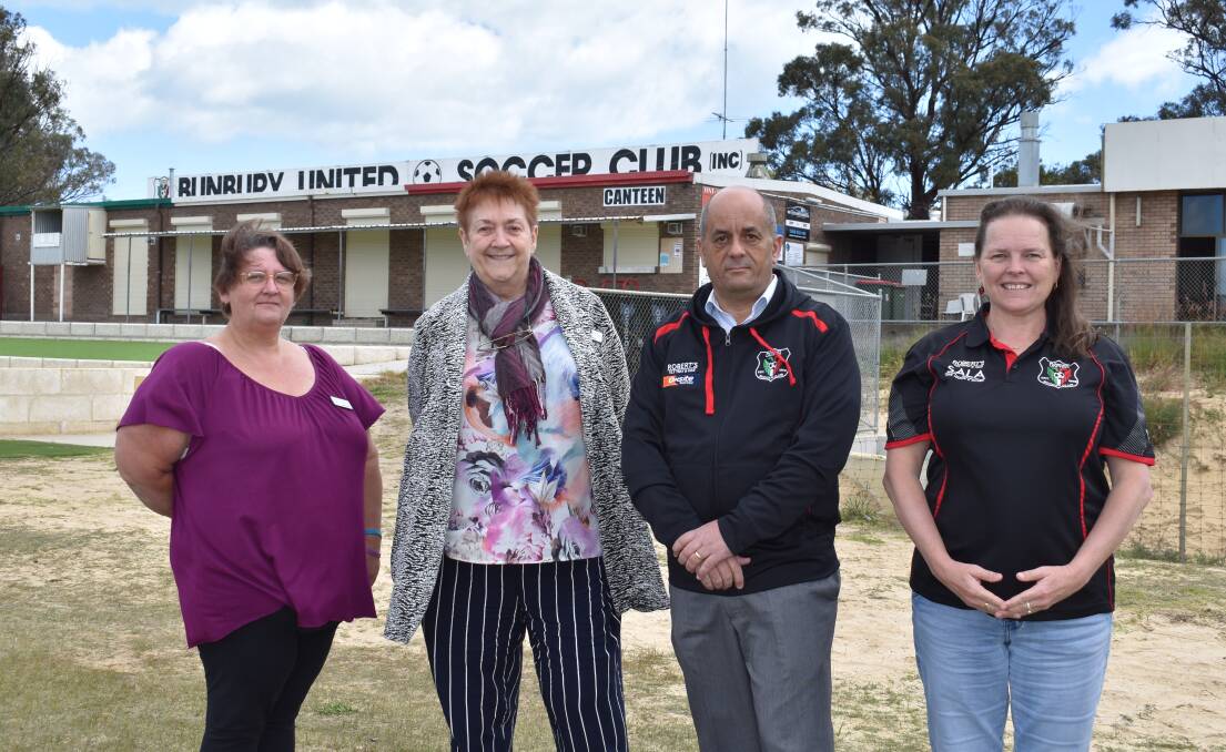 Taking a stand: Withers Progress Association secretary Tammy Hermon, Withers Progress Association chairperson Mary Dunlop, Bunbury United Soccer Club president Sam Riachi, and Bunbury United Soccer Club project officer Marina Quain. Photo: Thomas Munday. 