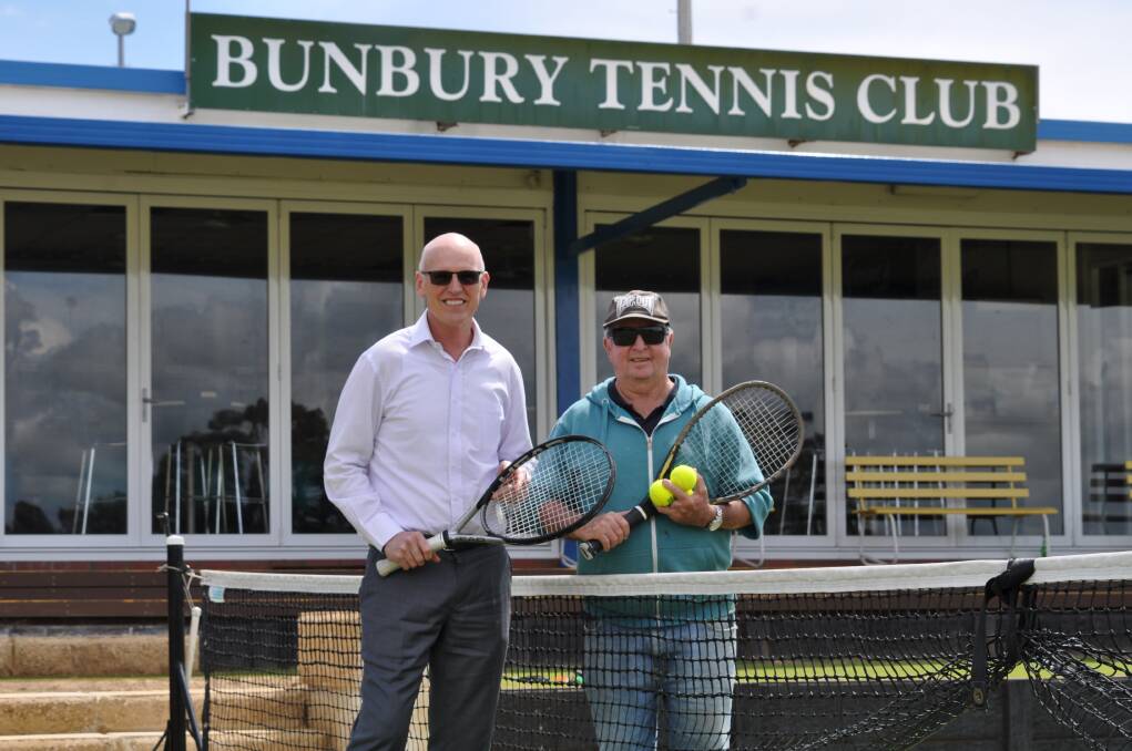 Aces: Bunbury Tennis Club president Jeff Glossop and grounds director Kevin Dingle getting ready for the 2017/18 senior and junior tennis seasons. Photo: Thomas Munday. 
