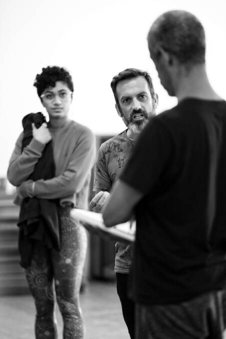 Ready for the stage: The cast of Shakespeare's Julius Caesar preparing for shows around Australia. Photo: Supplied. 