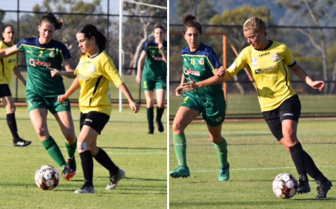 On the field: Ruby Stevenson and captain Lucy Scott helped the Firebirds to secure a resounding 6-0 win at WML Stadium. Photos: Supplied. 