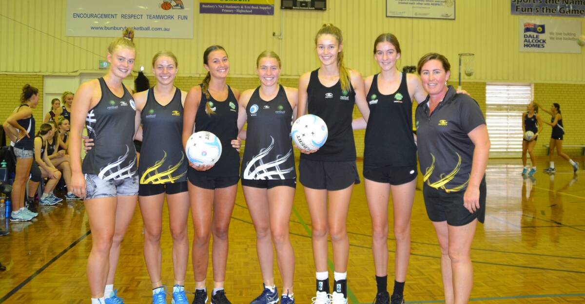 Ready: Netballers Riley Culnane, Jessica Repacholi, Brooke Repacholi, Ella Taylor, Brooke Gibson and Giselle Taylor with coach Michelle Willsher.  