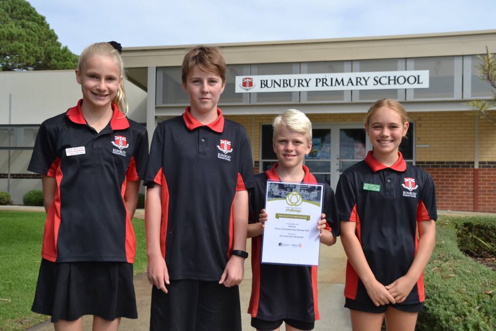 Fun with science: Bunbury Primary School Year 6 students Ingrid Blandford, Seth Hutton, Jonathon Mulligan and Jade La Fontaine celebrated success at the 2018 Science and Engineering Challenge event. Photo: Thomas Munday. 