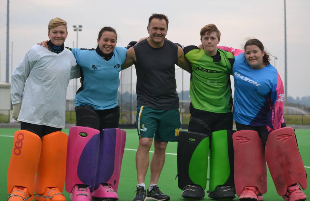 On the turf: Australian masters over 50s goalkeeper, and former Kookaburra, Lachlan Dreher put a handful of goalkeepers through their paces on Wednesday. Photo: Thomas Munday. 