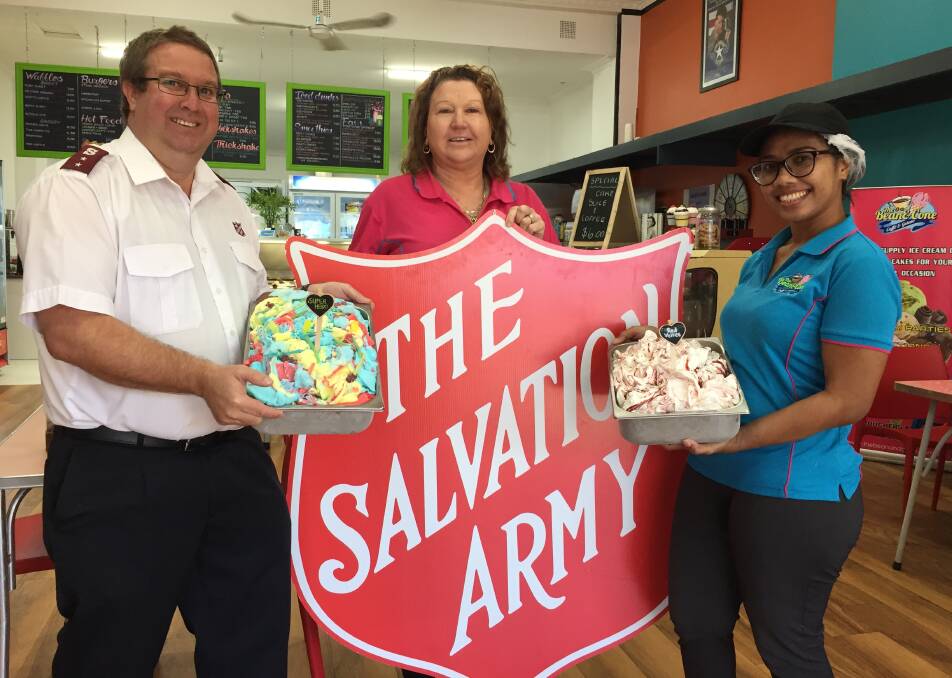 The right scoop: Salvation Army Corps officer Mark Schatz, Bean and Cone owner Margaret Adams, and staff member Dwi Febriyanti. Photo: Thomas Munday. 
