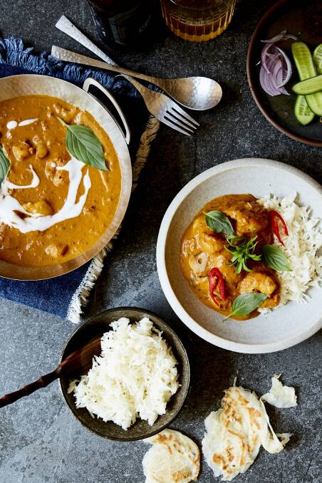 South Indian madras curry with prawns and coconut rice. Picture: Supplied