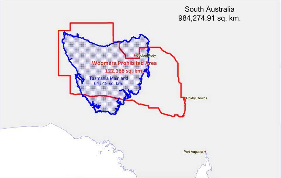 MASSIVE SPACE: This map demonstrates the size of the Woomera Prohibited Area, which is twice the size of Tasmania.