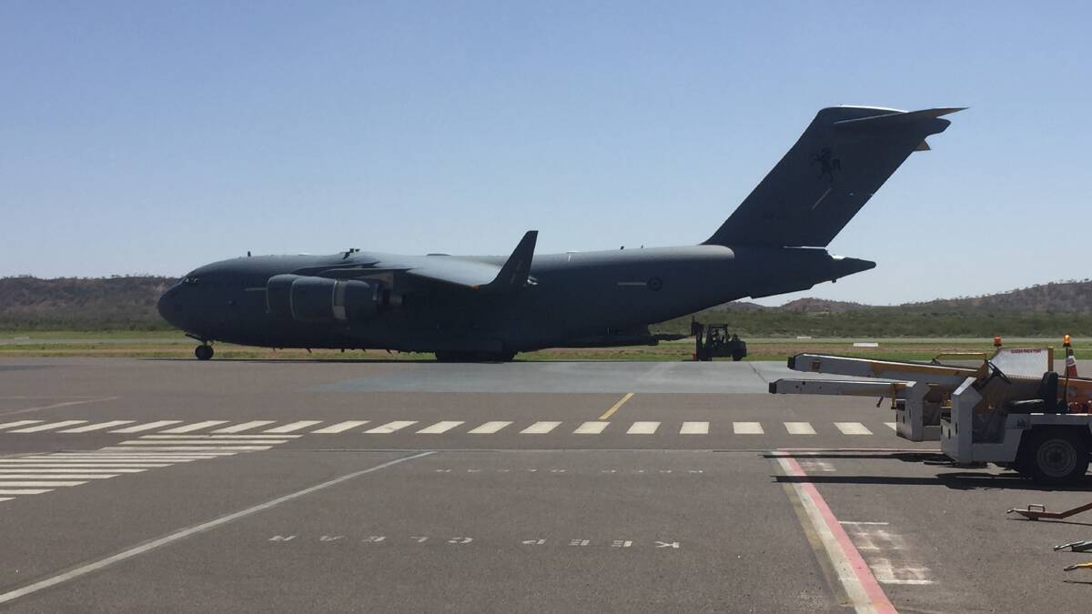 Jet fuel is unloaded off an RAAF C17 at Mount Isa on Sunday.