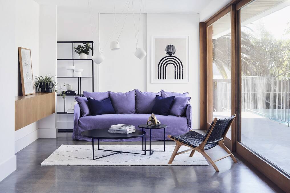 POP OF PERI: Lounge Lovers new Bronte sofa in Periwinkle Linen, is an ode to Pantone's Colour of the Year, guaranteed to be a focal point of the room. Photo: loungelovers.com.au