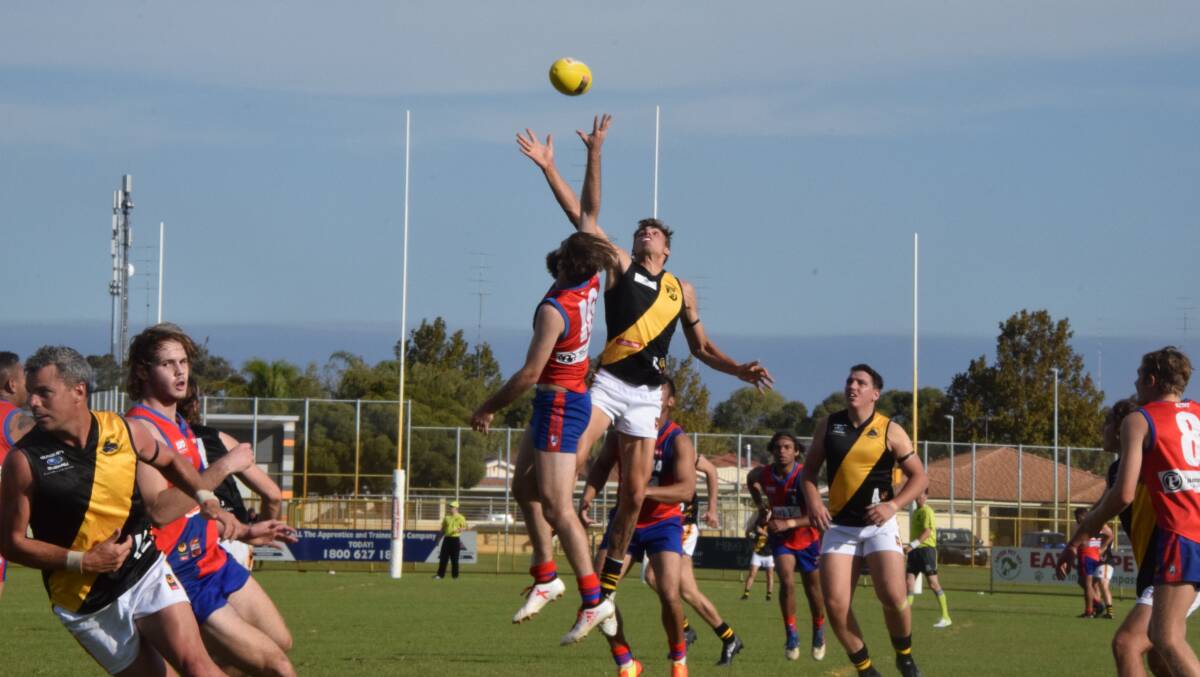 The Eaton Boomers kicked six goals to one in the final term to claim a 17 point victory over reigning premiers Bunbury. Photos: Ashley Bolt