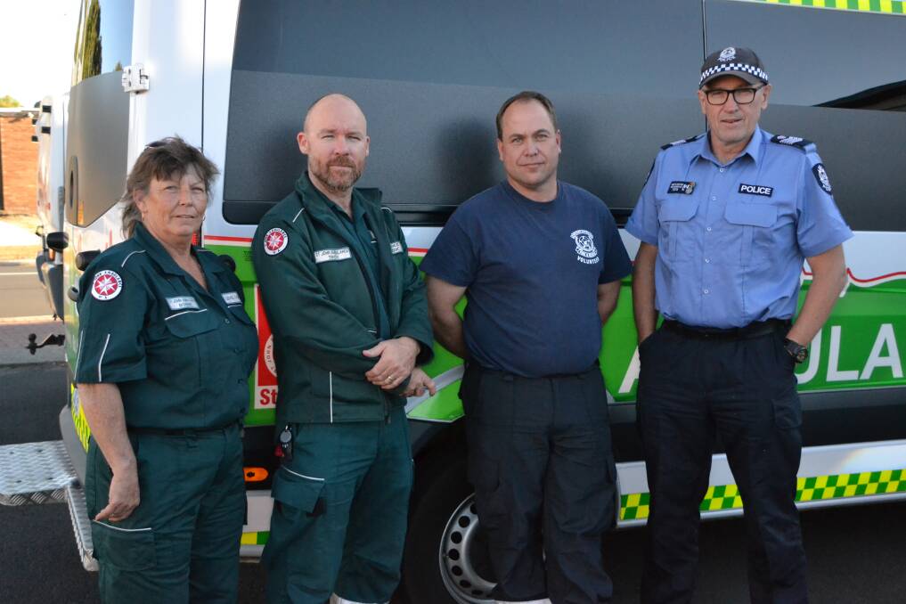 Collie St John Ambulance volunteer paramedic Bonnie Cabrini and paramedic Troy French, with Collie Volunteer Fire and Rescue Service captain Shane Hickson and Collie Police senior sergeant Heath Soutar. Photo: Breeanna Tirant