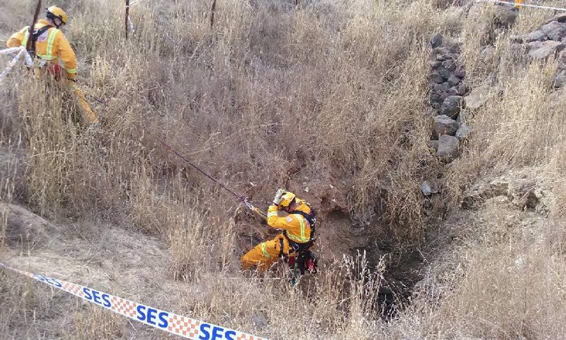 Twenty-metre drop: A Ballarat City Rope Rescue member descends into the shaft to rescue Ava. Picture: Ballarat City Fire Brigade