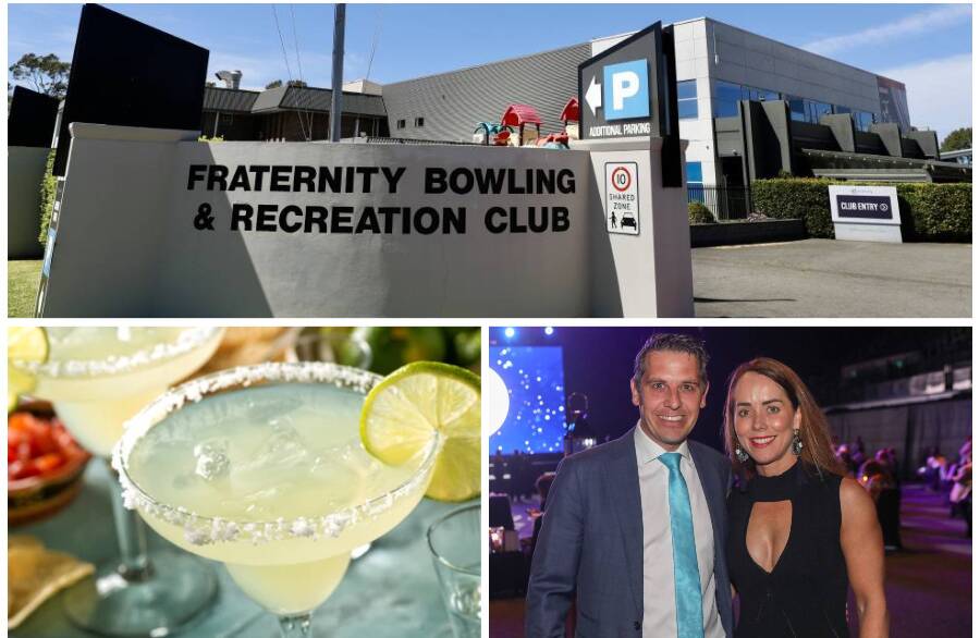 Clockwise: The outside of The Fraternity Club, NSW Health Minister Ryan Park with his wife Kara Lamond and a margarita cocktail. 