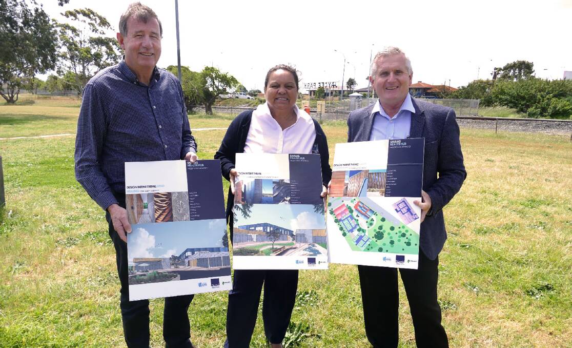 Bunbury Mayor Gary Brennan, SWAMS chief executive Lesley Nelson and City of Bunbury CEO Mal Osborne with concept drawings of the proposed health hub.