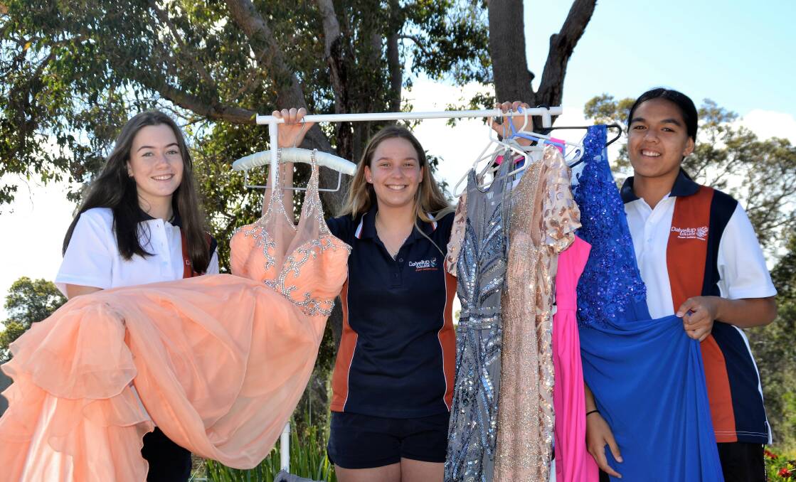 Glitz and glamour: Dalyellup College students Madison Bright, 16, Abi Thompson, 15, and Emma Brown, 15. Photo: Emily Sharp. 
