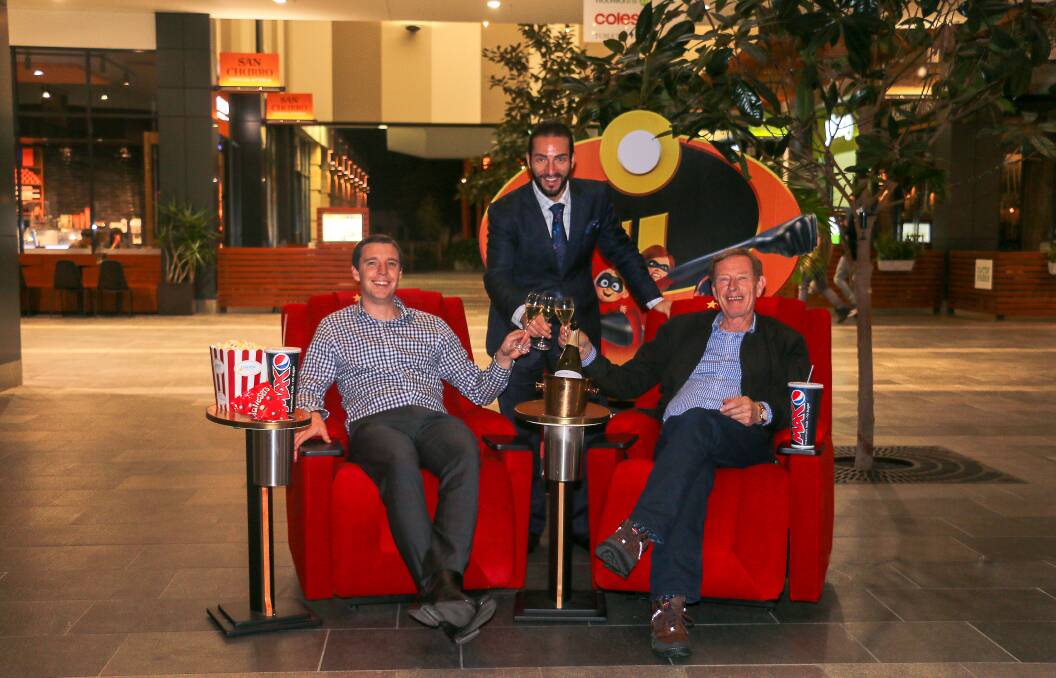 Eaton Fair's Michael Prosser and Citygate Properties director Geoff Prosser celebrate with United Cinemas chief executive Sam Mustaca. Photo by Doug Green.   