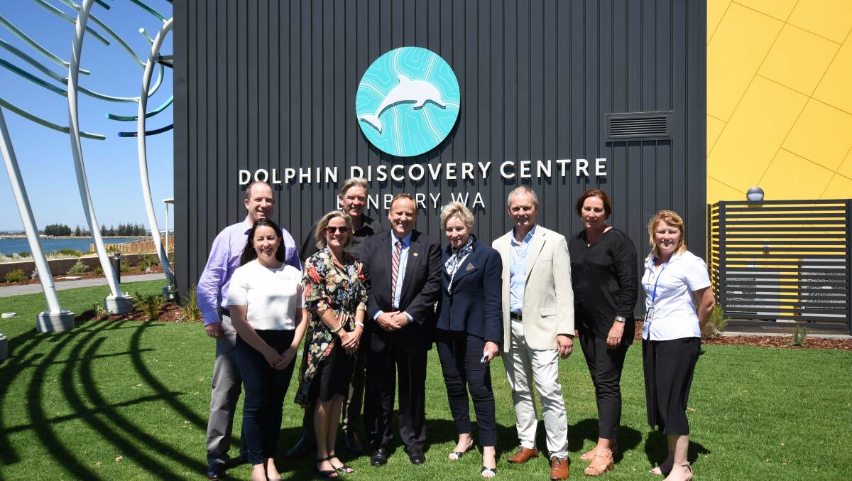 Dolphin Discovery Centre chief executive David Kerr, Bunbury MLA Don Punch and South West Development Commission acting chief executive officer Rebecca Ball with the team who worked on the expansion of the Dolphin Discovery Centre.  