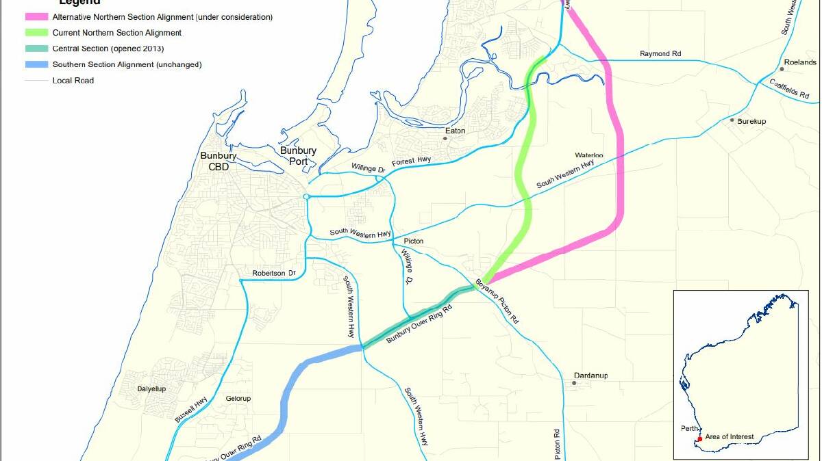 Map taken from the Main Roads projects website showing proposed Bunbury Outer Ring Road alignments. 