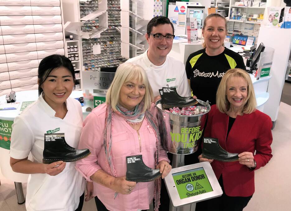 The gift of life: Pharmacists Evelyn Ong and Mark Smith with donor recipient Merrell Carter, Donor Mate general manager Jo Muir and Forrest MP Nola Marino. 