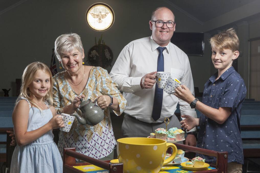 Bunbury residents Sasha Prowse, Joscelyn Jones and Leeuwin Prowse will be among those celebrating the 26th Australias Biggest Morning Tea with William Barrett and Sons director Adrian Barrett. 