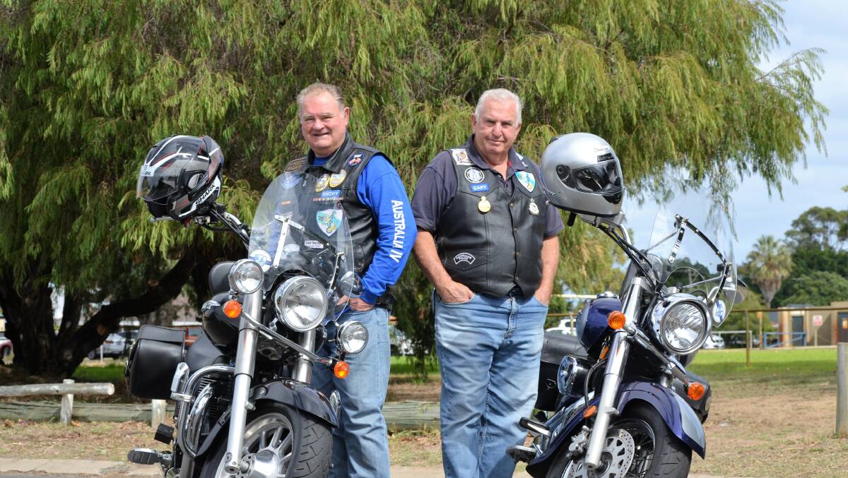 For Police Legacy: Blue Knights Australia Chapter Four treasurer Alan Snow with vice president Gary Timms are calling for South West businesses to support Police Legacy. Photo: Emily Sharp.