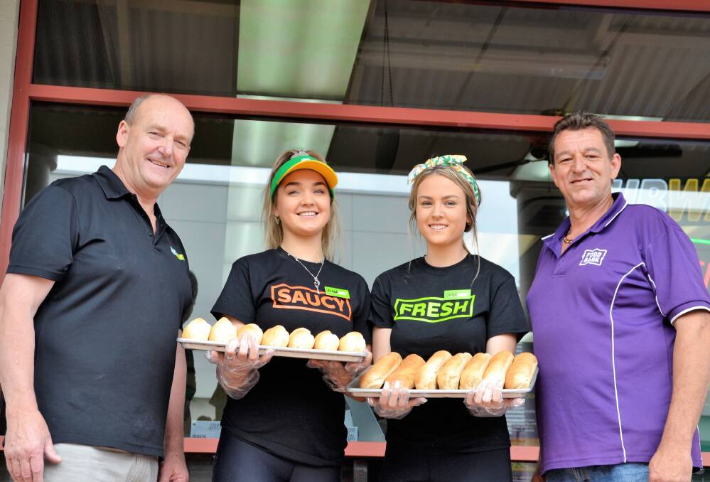 Fighting Hunger: Bunbury Subway franchisee Mark Price with team members Alana Nelligan and Jayde Taylor and Bunbury Foodbank assistant manager Glenn Sudholz.