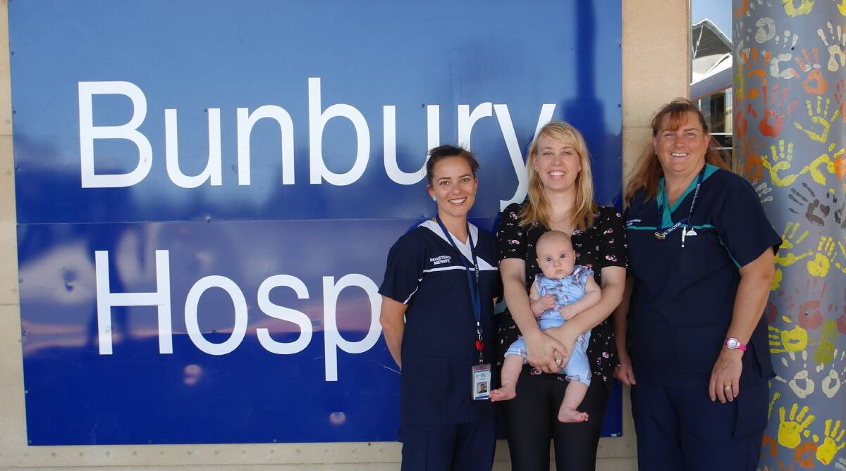 Bunbury Health Campus midwife, Kasey Biggar, Felicity Marra and her son, Leonardo and Bunbury Health Campus Clinical Midwifery Manager, Katrina Jones