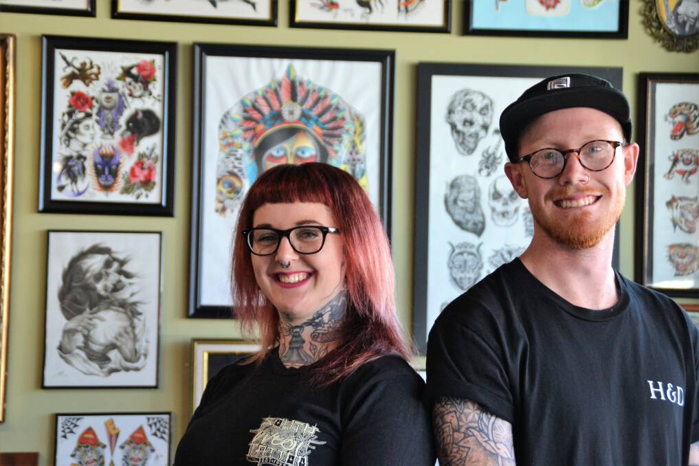 Art for heart: South West Tattoo artist Holly Saville and Lost Bills barman Matthew James. Photo: Emily Sharp. 