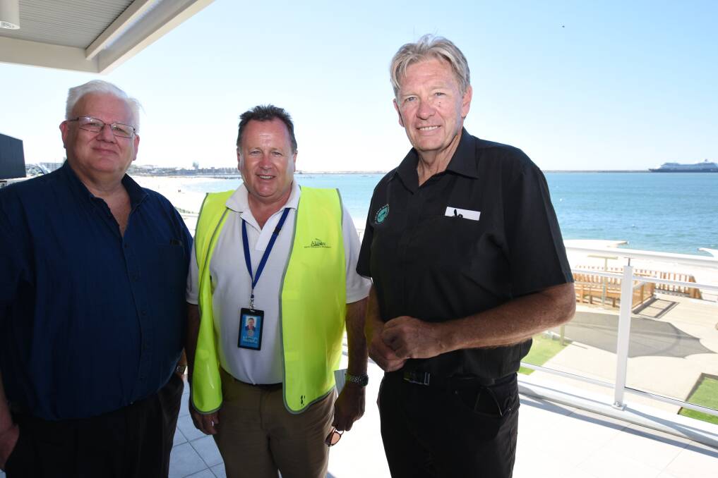 South West Development Commission business and industry project officer Mark Exeter, visiting Melbourne-based Akorn Australia and New Zealand senior cruise account manager Jeff Barnard, and Dolphin Discovery Centre general manager David Kerr at the Dolphin Discovery Centre on the day the Azamara Quest docked in Bunbury. 