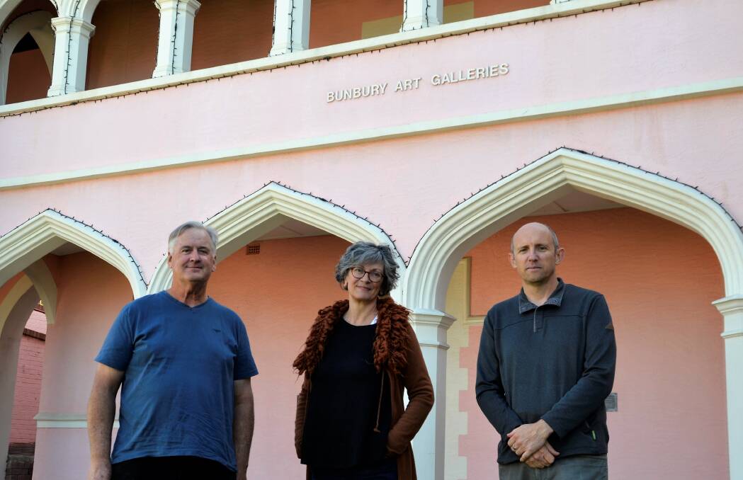 Showcasing WA talent: Margaret River artists Michael Wise and Christopher Young with exhibition curator Caroline Lunel. Photo: Emily Sharp. 