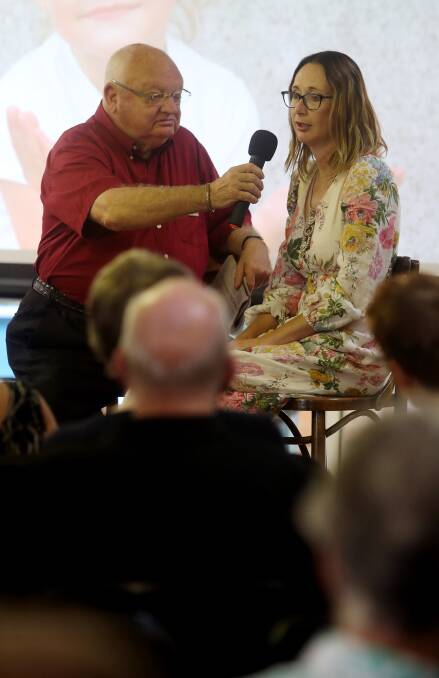 Reverend Jay Basic interviews shooting survivor Helen McMurtrie at Northern Beaches Church of Christ in Fairy Meadow on Sunday.