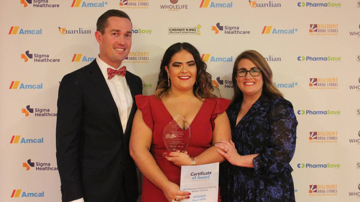 TOP AWARD: Amcal Pharmacy Donnybrook pharmacist Rowan Lowe, award winner Sharni Mifflin and Kristy Raven from Sigma Pharmaceuticals. Photo: Supplied.