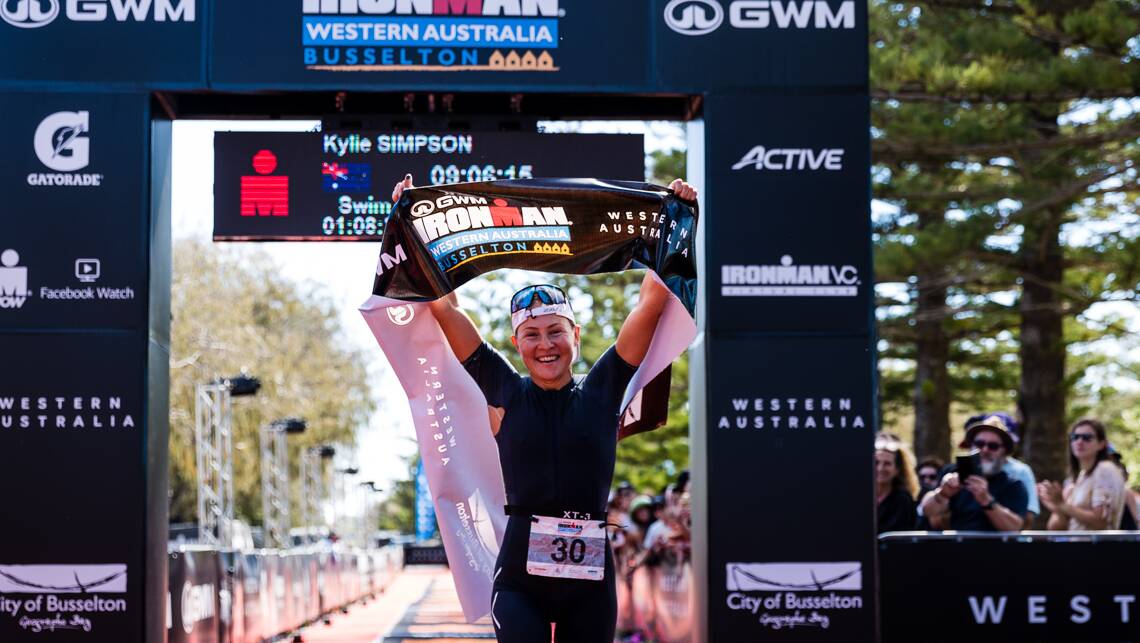 Kylie Simpson was the first female across the line in the Busselton Ironman event.