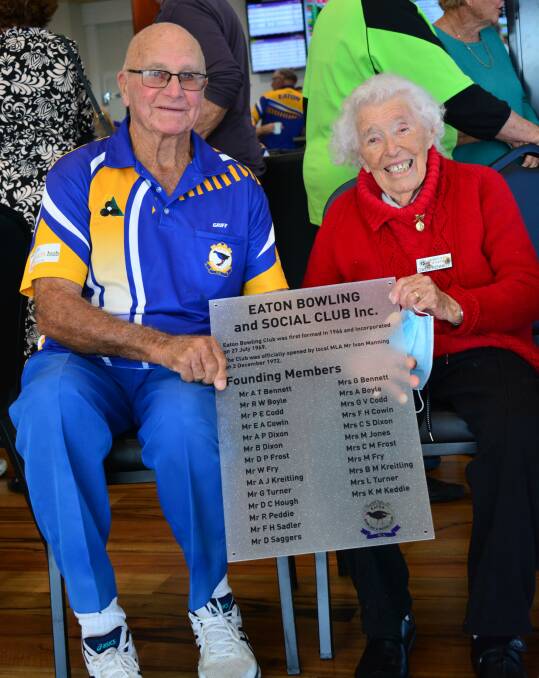 Members: Eaton Bowling Club founding members Griff Turner and Gwen Bennett with the plaque honouring all the founding members. Picture: Jemillah Dawson