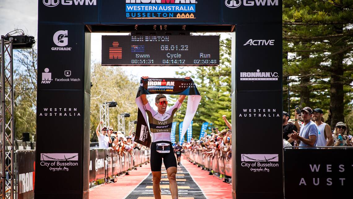 WA's very on Matt Burton takes out the 2021 Busselton Ironman competition. Photo by Daniela Tommasi. 