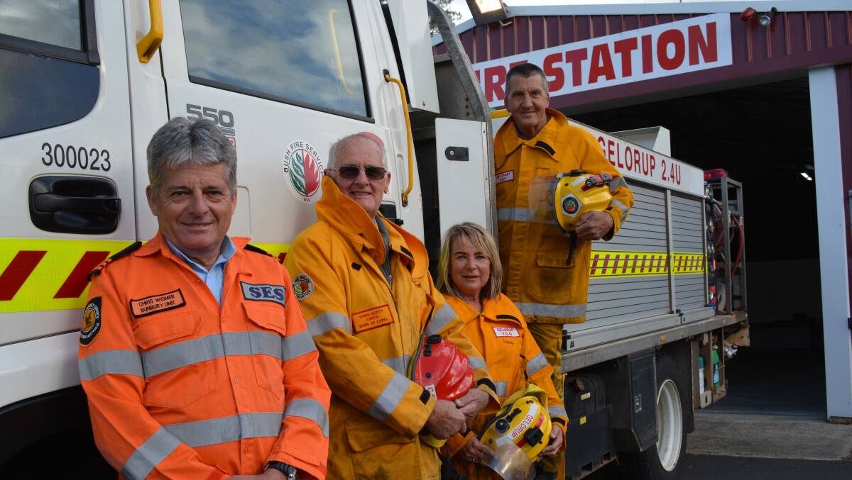 Bunbury SES manager Chris Widmer with Gelorup Fire Brigade chief Chris Scott and volunteers Glenys Malatesta and Jeff Mcdougall.