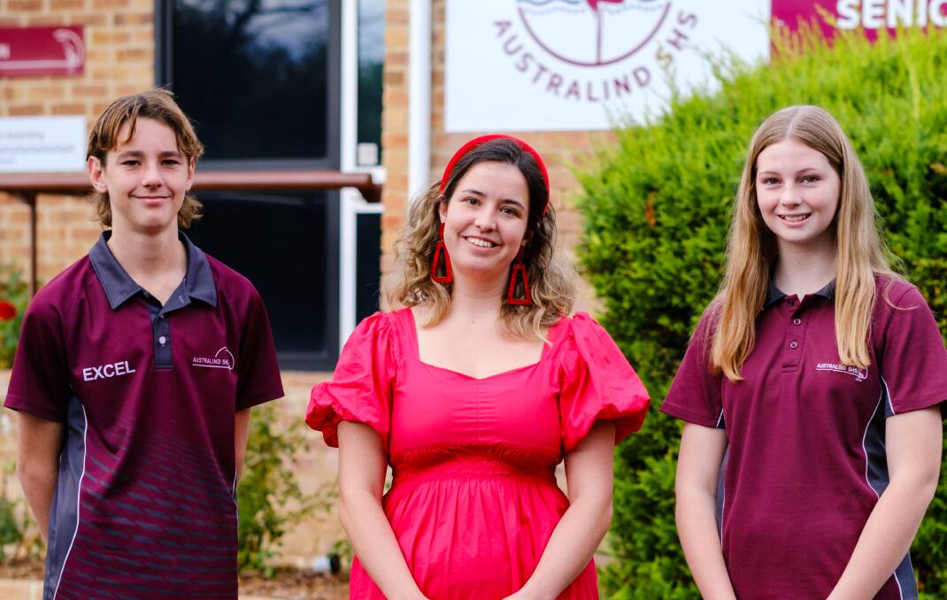 Finalist: Australind Senior High School teacher Esme Keogh (centre) with year 9 students students Lewis Fairweather and Abby Romeo. Picture: supplied.