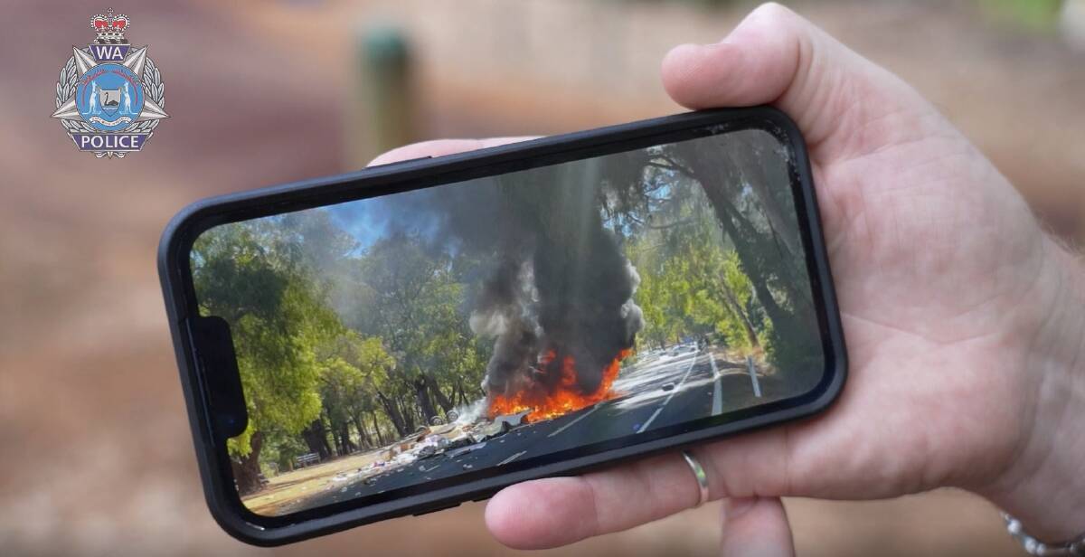 Fire: A screenshot from the video footage at the scene of a caravan rollover in Harvey in March, 2022. Picture: WA Police.